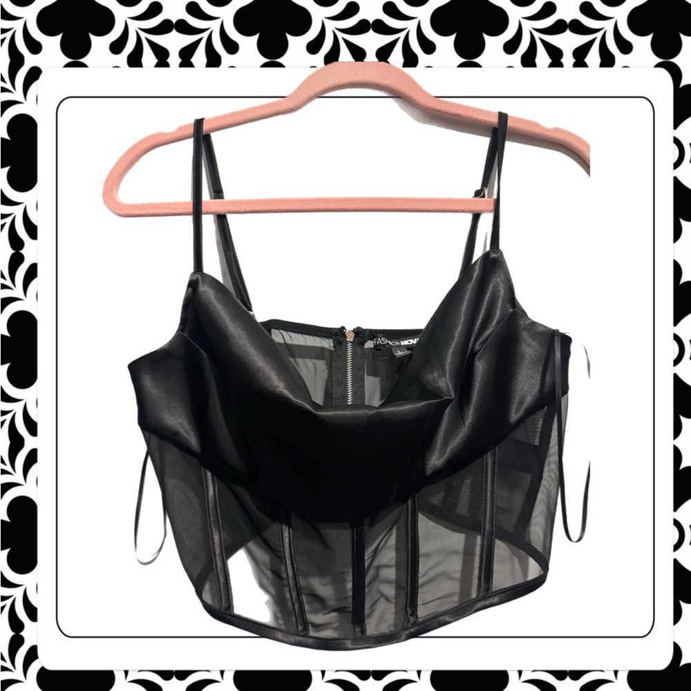Black Sheer Corset-Style Satin Cowl Neck Cami